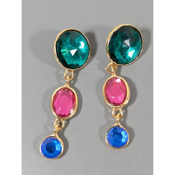 Retro Jewel Tone Dangle Earrings Gold Tone Green Pink Blue Bold Statement - Picture 3 of 8